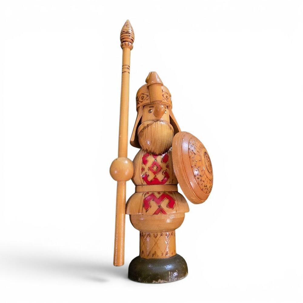 Vintage USSR Russian Carved Wood Viking Statue Figure 10 Inches Tall Soldier